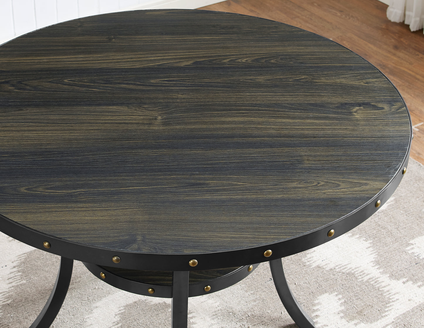 Biony Espresso Wood Dining Set with Blue Fabric Nailhead Chairs