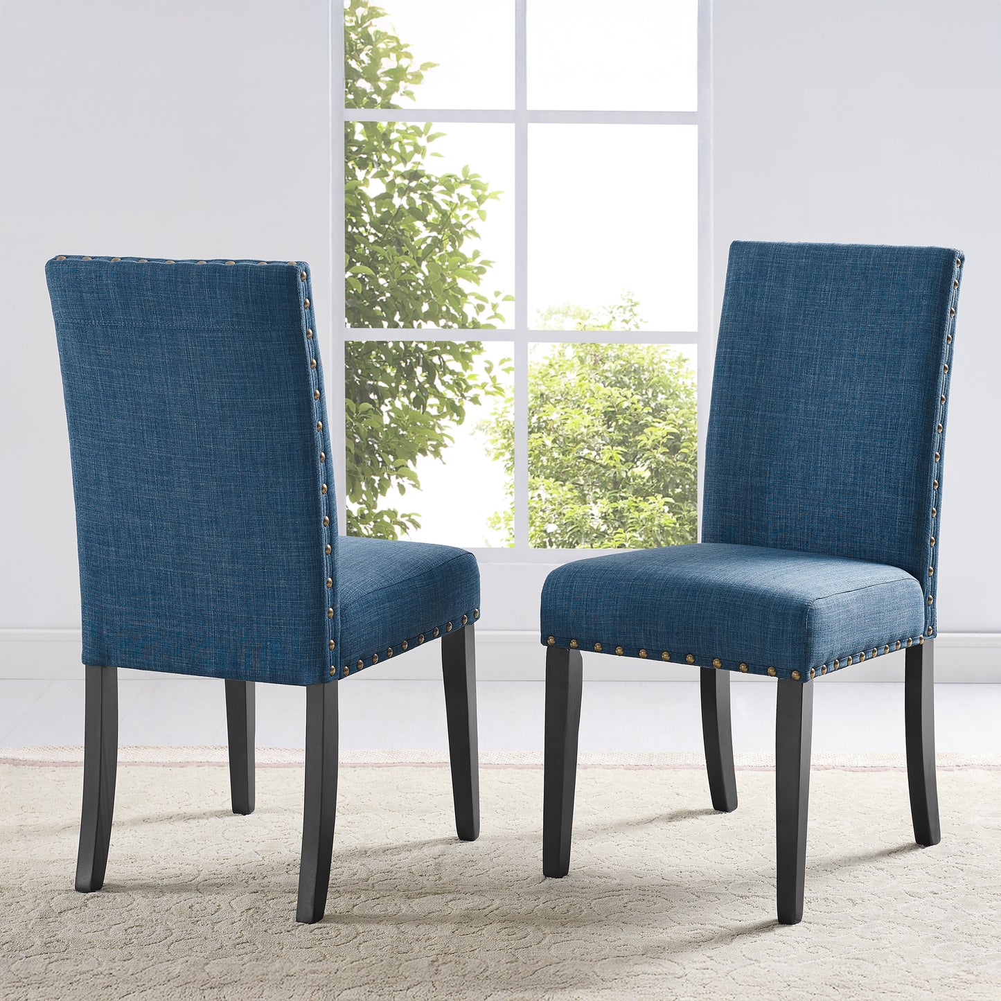 Biony Espresso Wood Dining Set with Blue Fabric Nailhead Chairs
