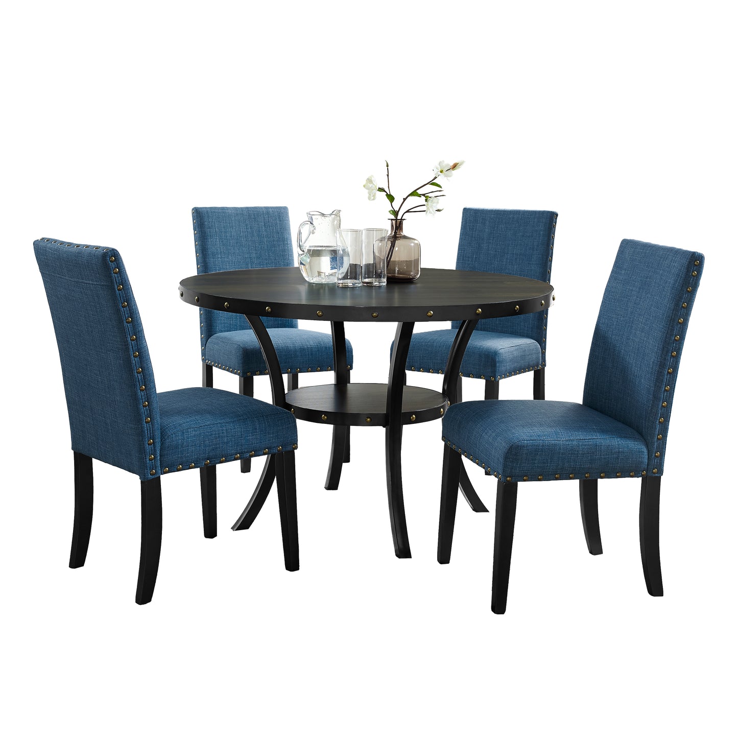 Biony Espresso Wood Dining Set with Blue Fabric Nailhead Chairs