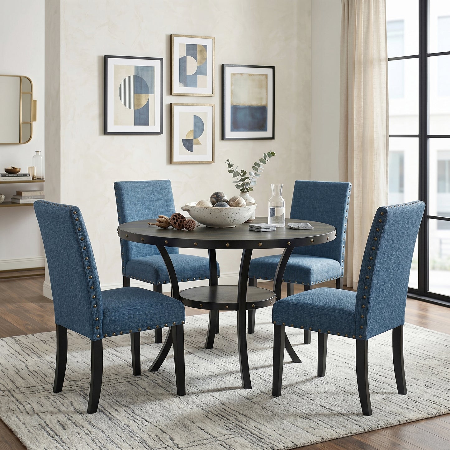 Biony Espresso Wood Dining Set with Blue Fabric Nailhead Chairs