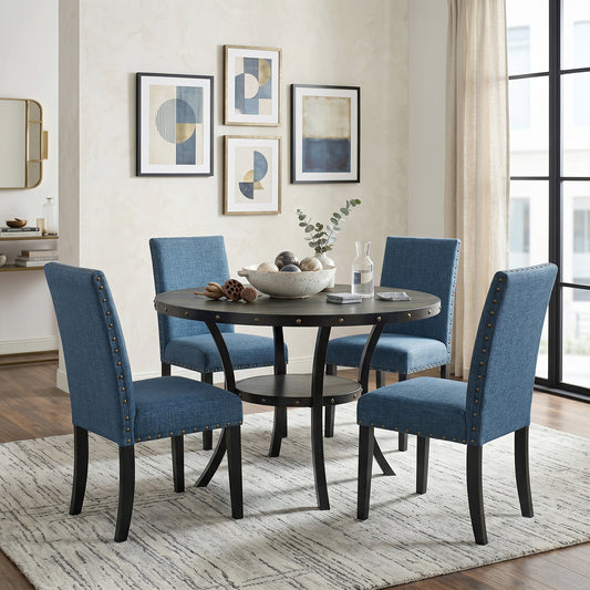 Biony Espresso Wood Dining Set with Blue Fabric Nailhead Chairs