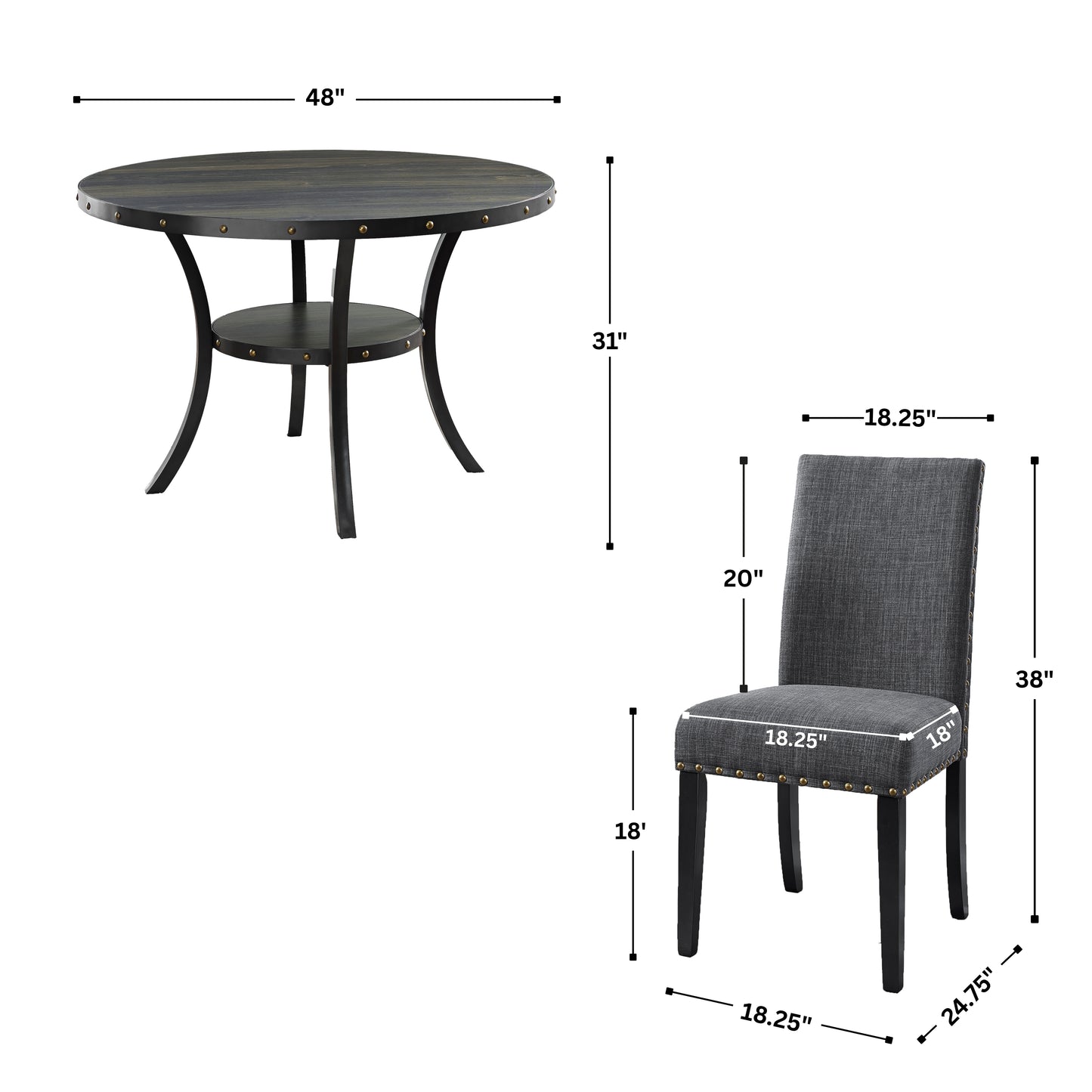 Roundhill Furniture Biony Espresso Wood Dining Set with Fabric Nailhead Chairs