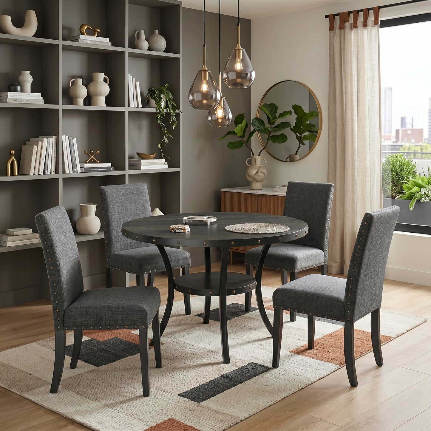 Biony Espresso Wood Dining Set with Gray Fabric Nailhead Chairs