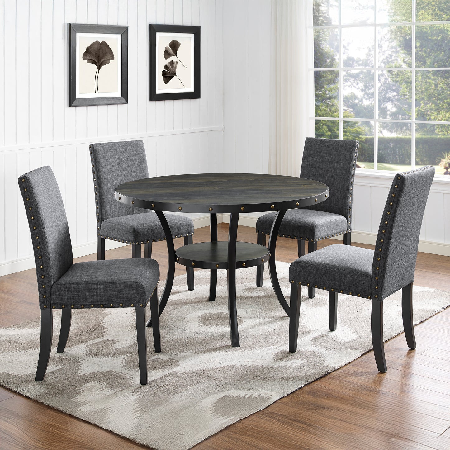 Biony Espresso Wood Dining Set with Gray Fabric Nailhead Chairs