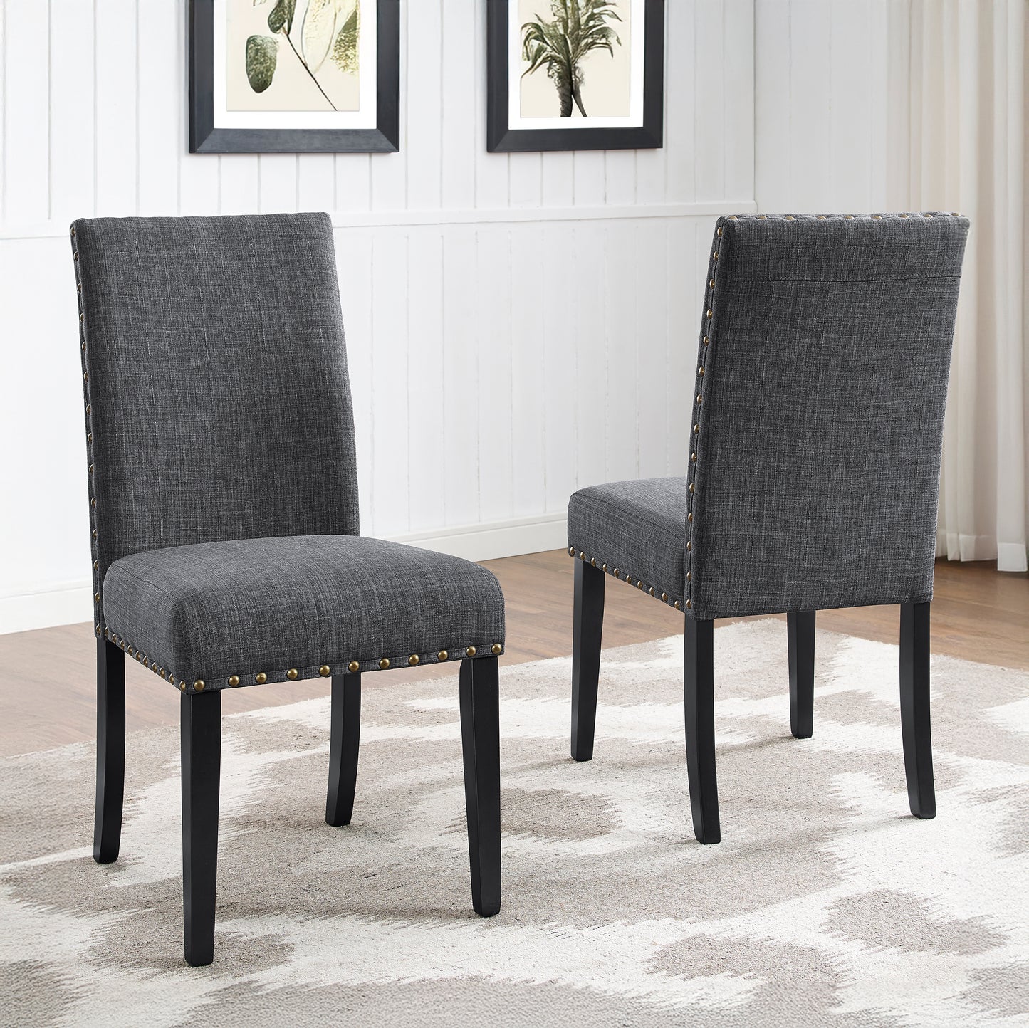 Biony Espresso Wood Dining Set with Gray Fabric Nailhead Chairs