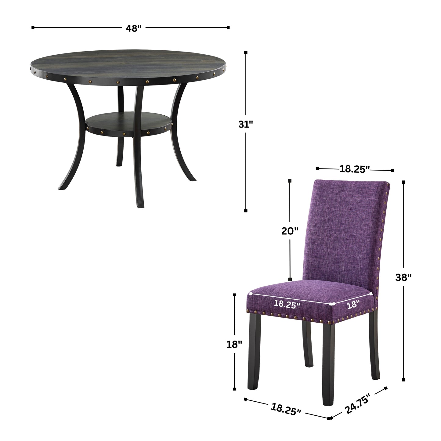 Roundhill Furniture Biony Espresso Wood Dining Set with Fabric Nailhead Chairs