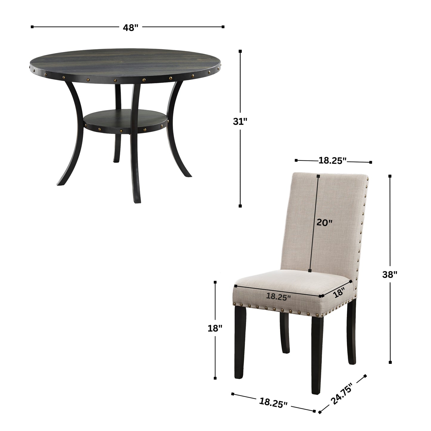Roundhill Furniture Biony Espresso Wood Dining Set with Fabric Nailhead Chairs