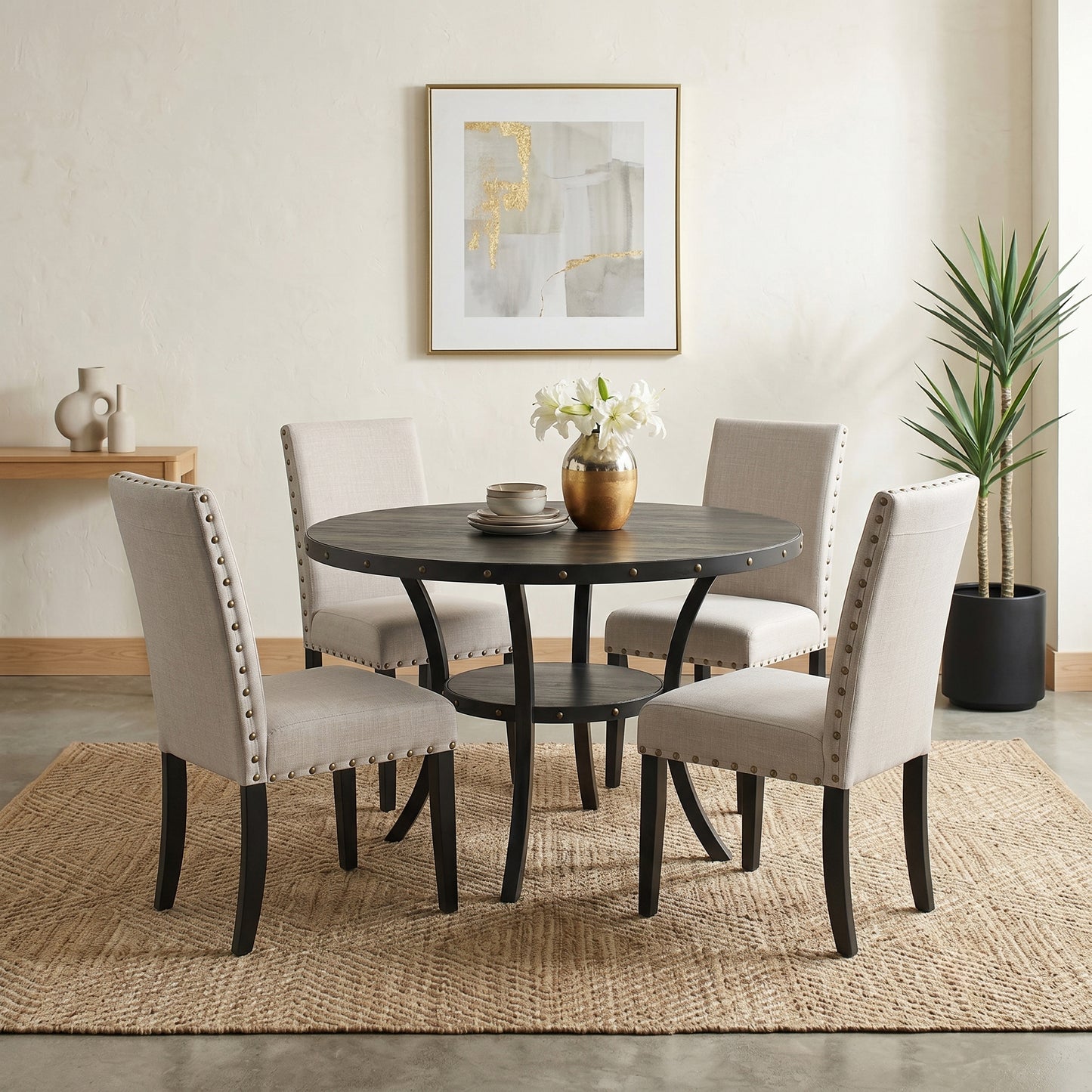 Biony Espresso Wood Dining Set with Tan Fabric Nailhead Chairs