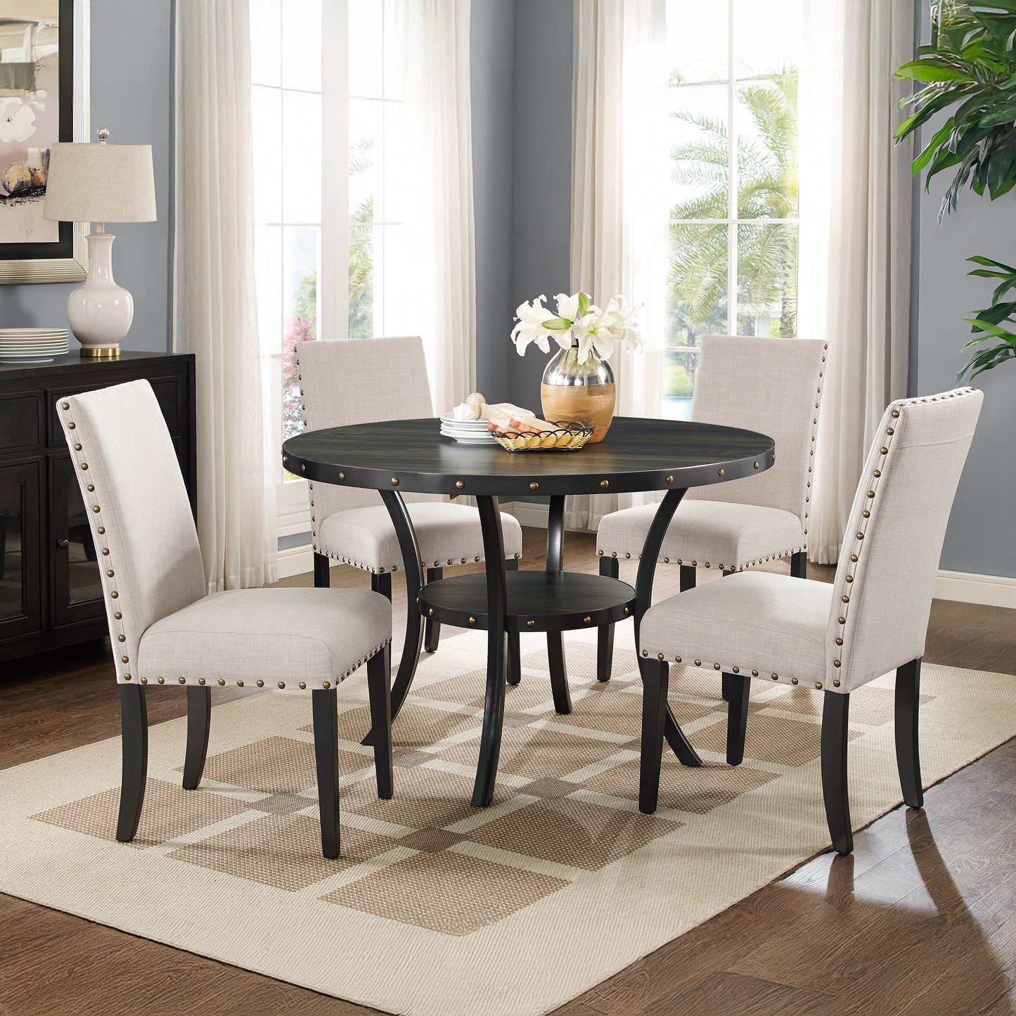 Biony Espresso Wood Dining Set with Tan Fabric Nailhead Chairs
