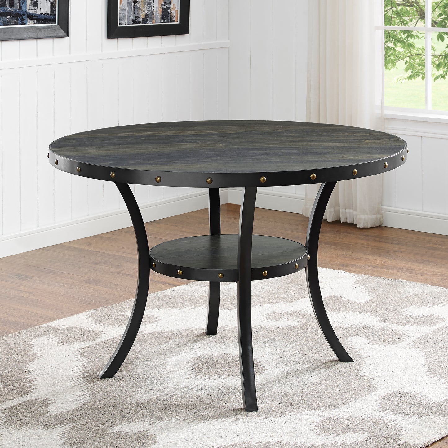 Biony Espresso Wood Dining Set with Tan Fabric Nailhead Chairs