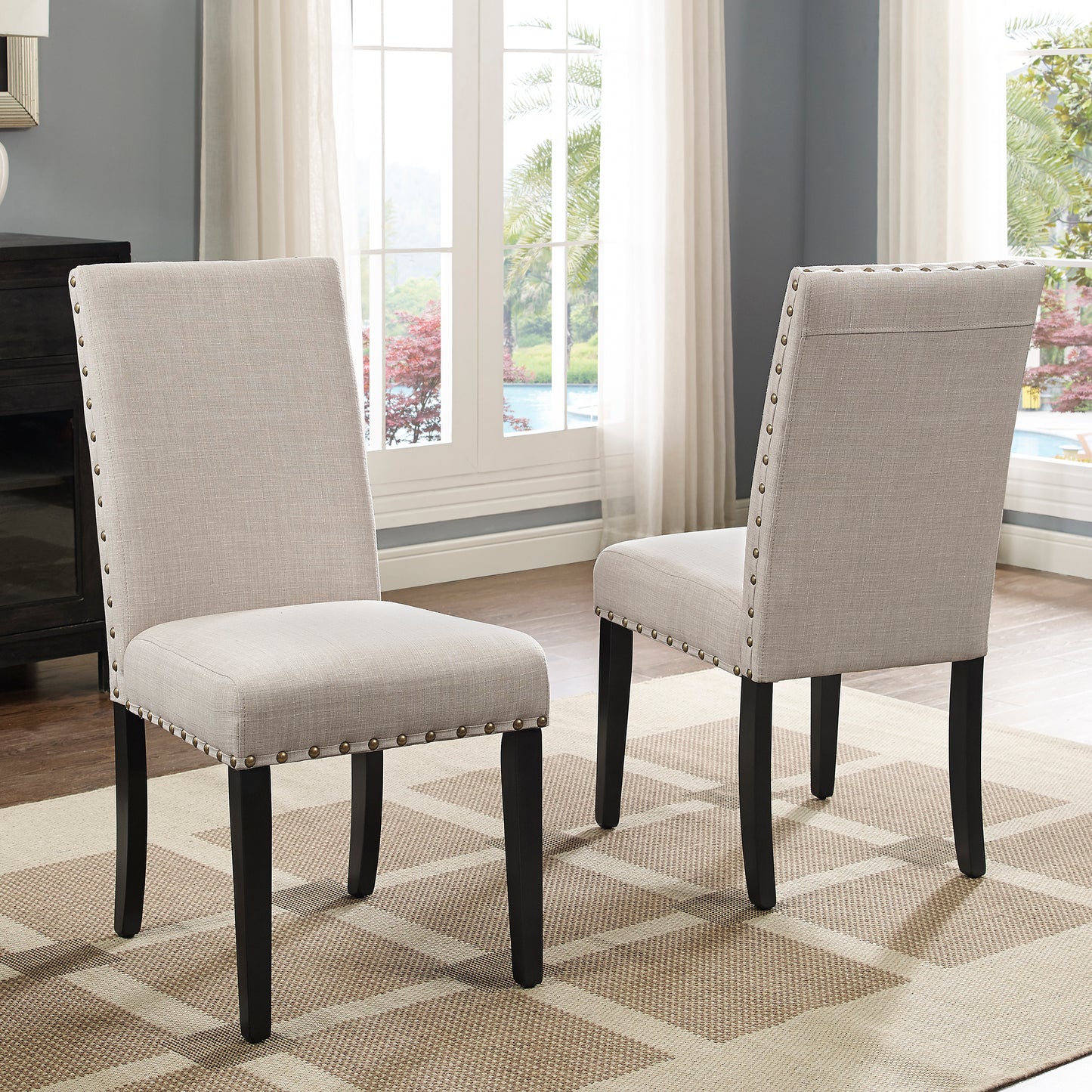 Biony Espresso Wood Dining Set with Tan Fabric Nailhead Chairs