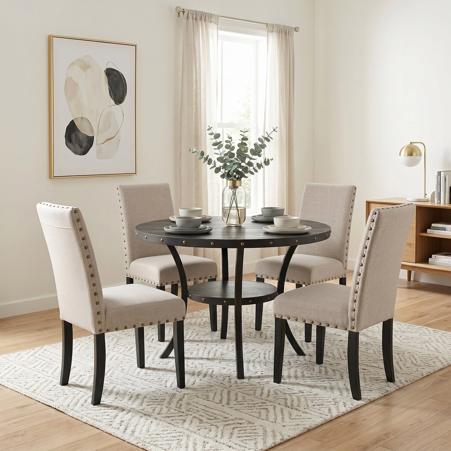 Biony Espresso Wood Dining Set with Tan Fabric Nailhead Chairs