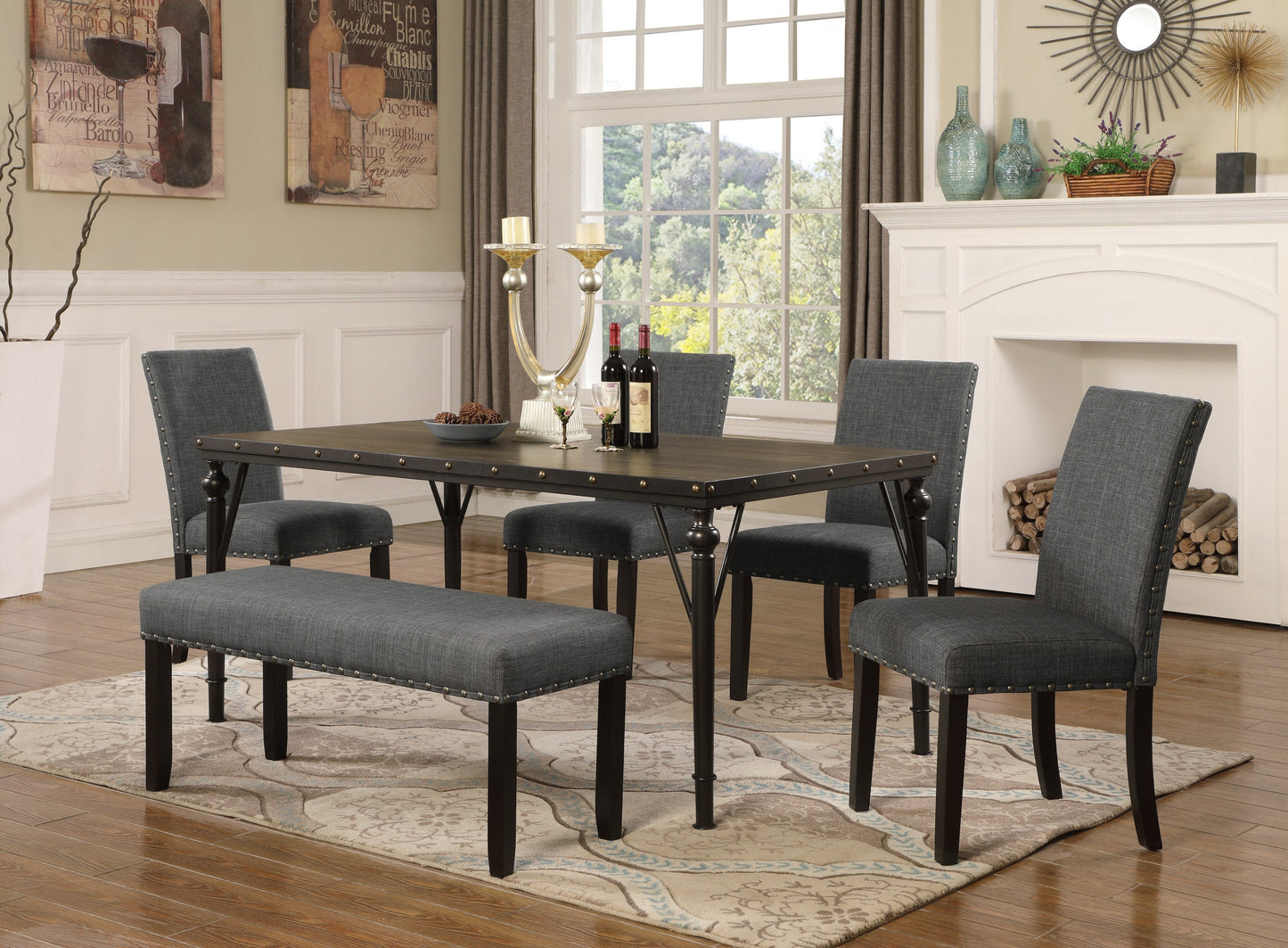 Biony 6-Piece Espresso Wood Dining Set with Grey Fabric Nailhead Chairs and Dinning Bench