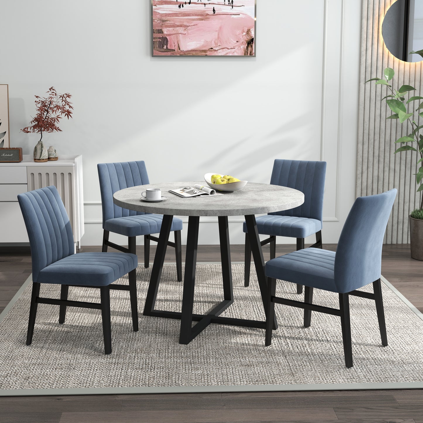 Roundhill Furniture Edo 5-Piece Dining Set, Round Trestle Table and 4 Upholstered Chairs