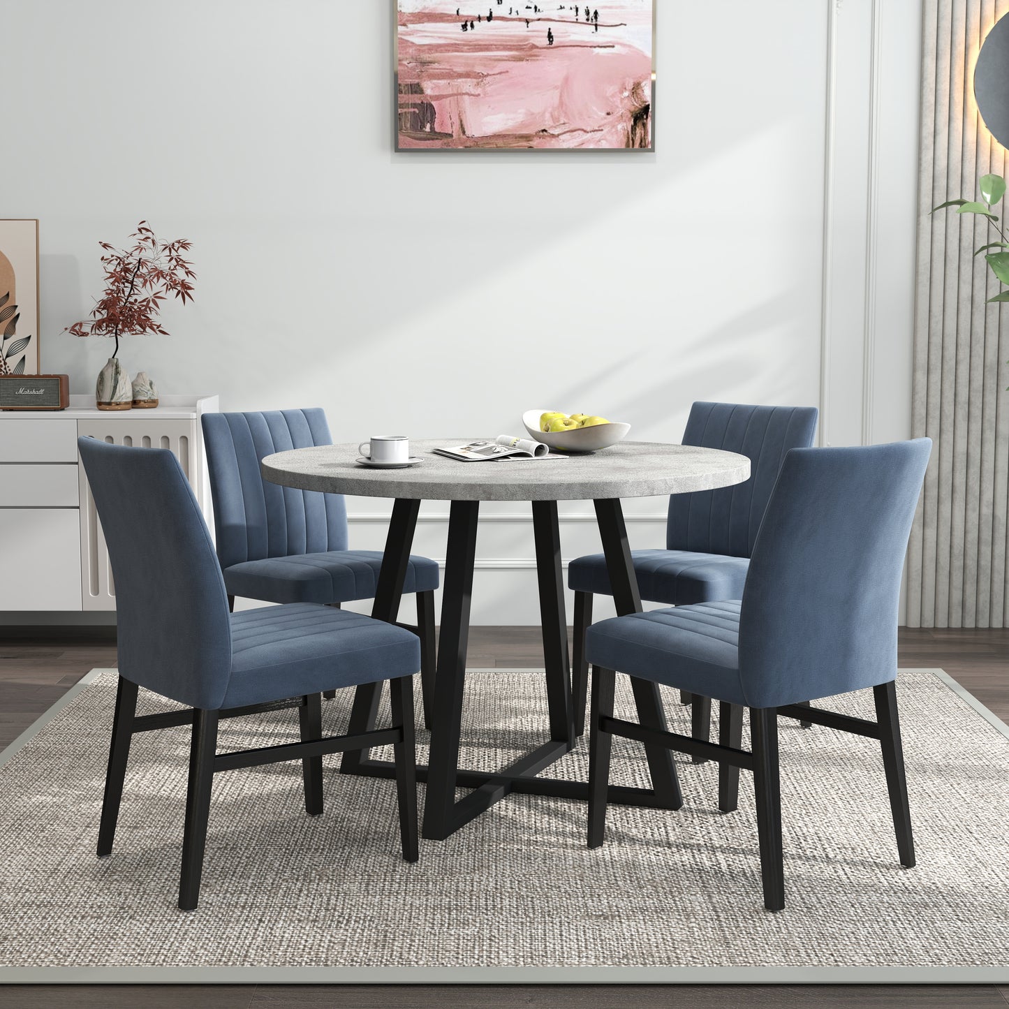 Roundhill Furniture Edo 5-Piece Dining Set, Round Trestle Table and 4 Upholstered Chairs