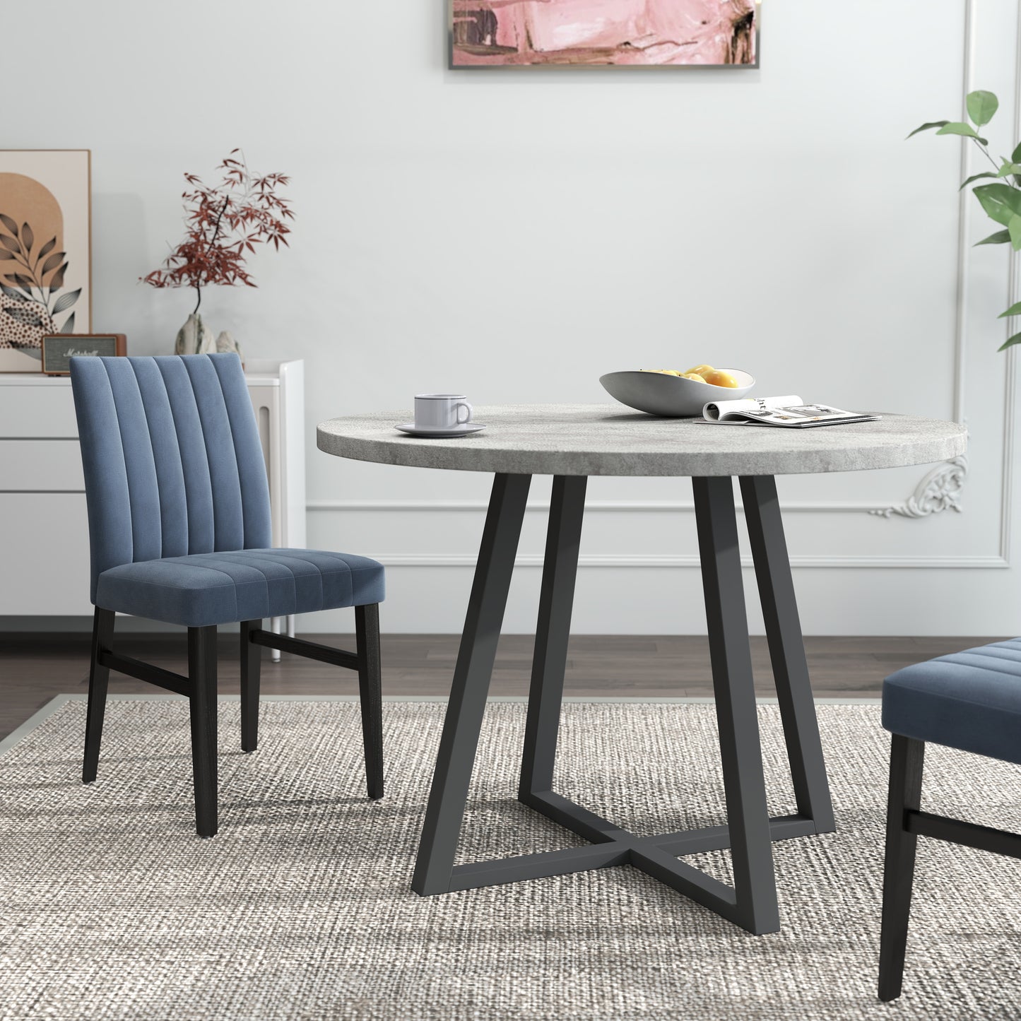 Roundhill Furniture Edo 5-Piece Dining Set, Round Trestle Table and 4 Upholstered Chairs