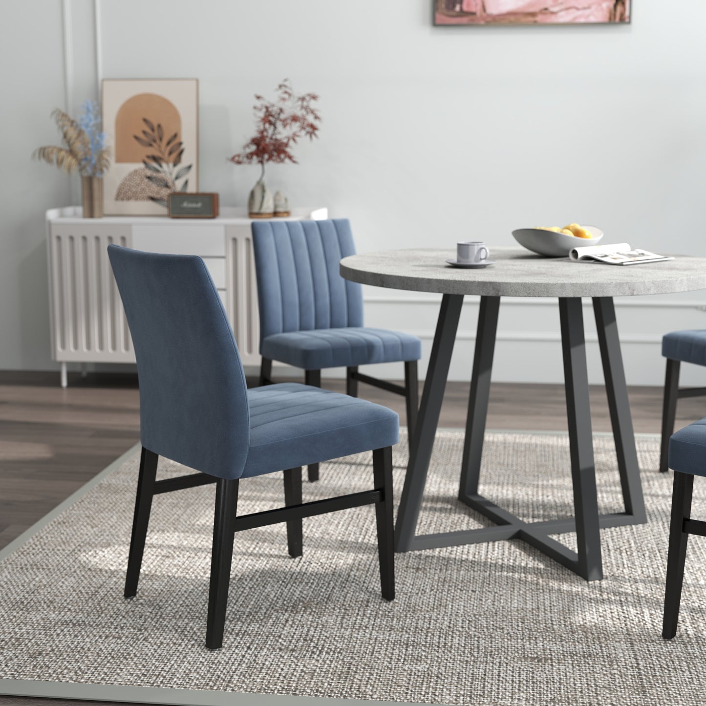 Roundhill Furniture Edo 5-Piece Dining Set, Round Trestle Table and 4 Upholstered Chairs