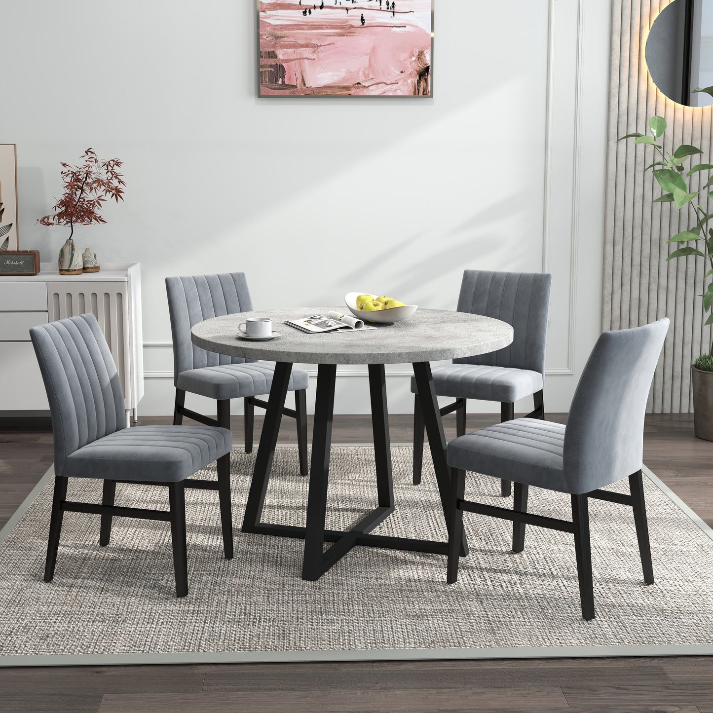 Roundhill Furniture Edo 5-Piece Dining Set, Round Trestle Table and 4 Upholstered Chairs