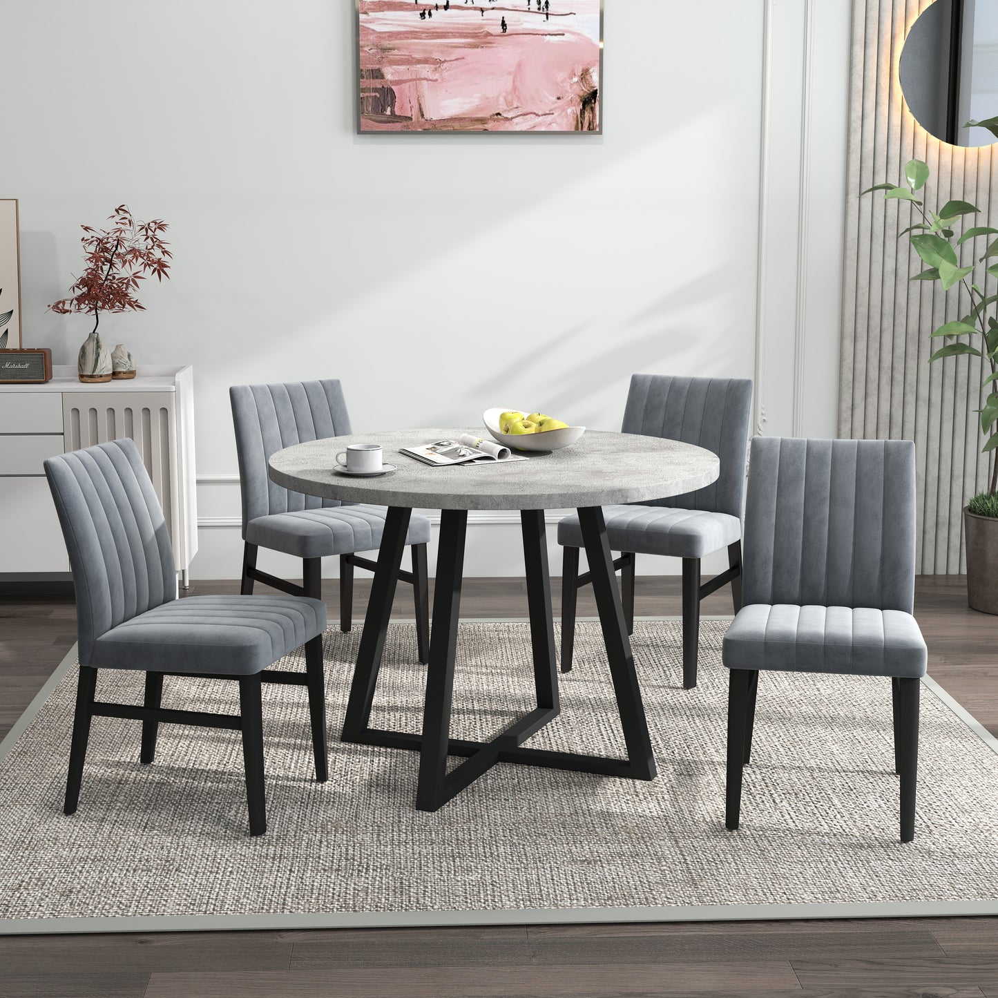 Roundhill Furniture Edo 5-Piece Dining Set, Round Trestle Table and 4 Upholstered Chairs