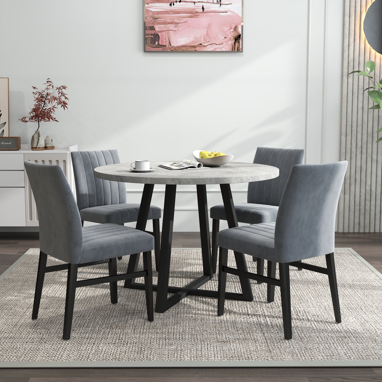 Roundhill Furniture Edo 5-Piece Dining Set, Round Trestle Table and 4 Upholstered Chairs