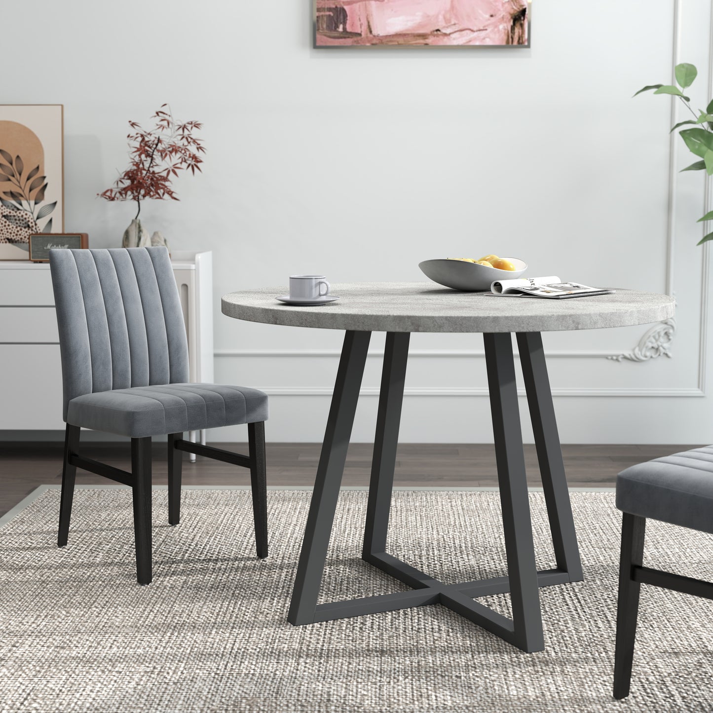 Roundhill Furniture Edo 5-Piece Dining Set, Round Trestle Table and 4 Upholstered Chairs