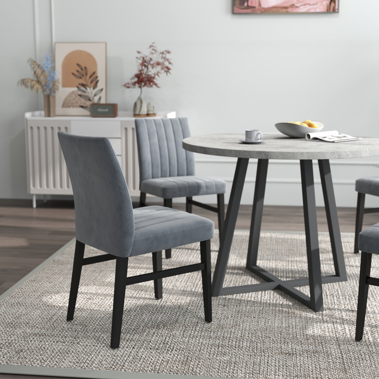 Roundhill Furniture Edo 5-Piece Dining Set, Round Trestle Table and 4 Upholstered Chairs