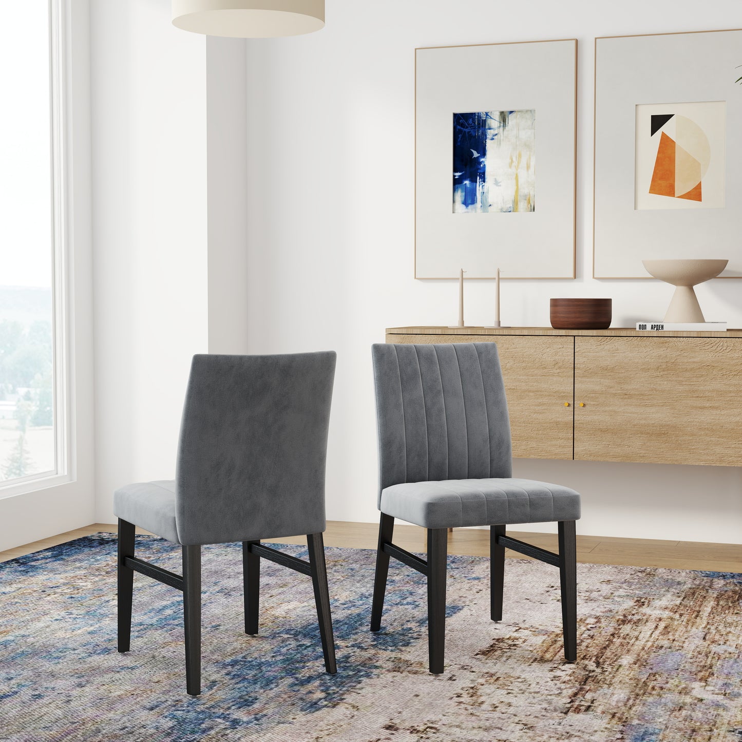 Roundhill Furniture Edo 5-Piece Dining Set, Round Trestle Table and 4 Upholstered Chairs