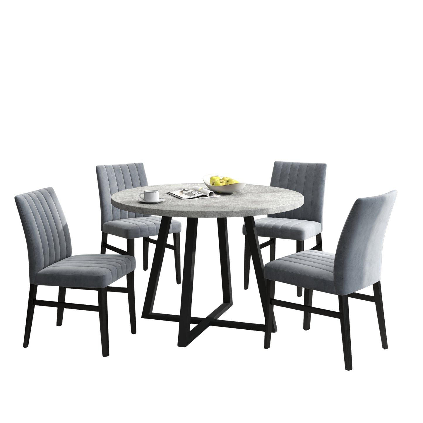 Roundhill Furniture Edo 5-Piece Dining Set, Round Trestle Table and 4 Upholstered Chairs