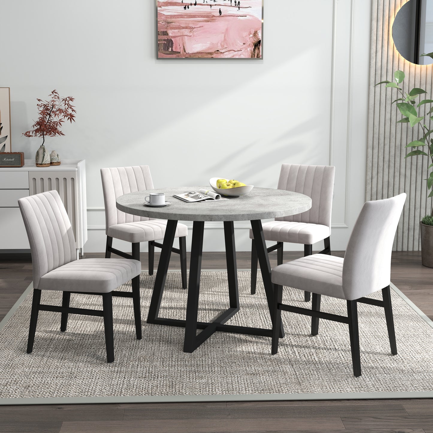 Roundhill Furniture Edo 5-Piece Dining Set, Round Trestle Table and 4 Upholstered Chairs