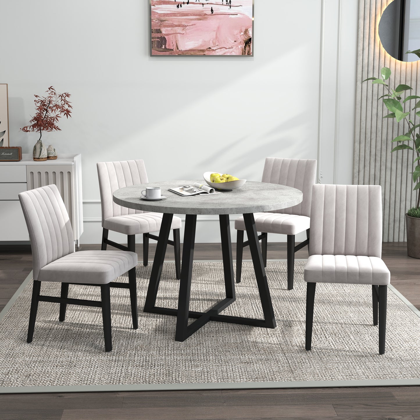 Roundhill Furniture Edo 5-Piece Dining Set, Round Trestle Table and 4 Upholstered Chairs