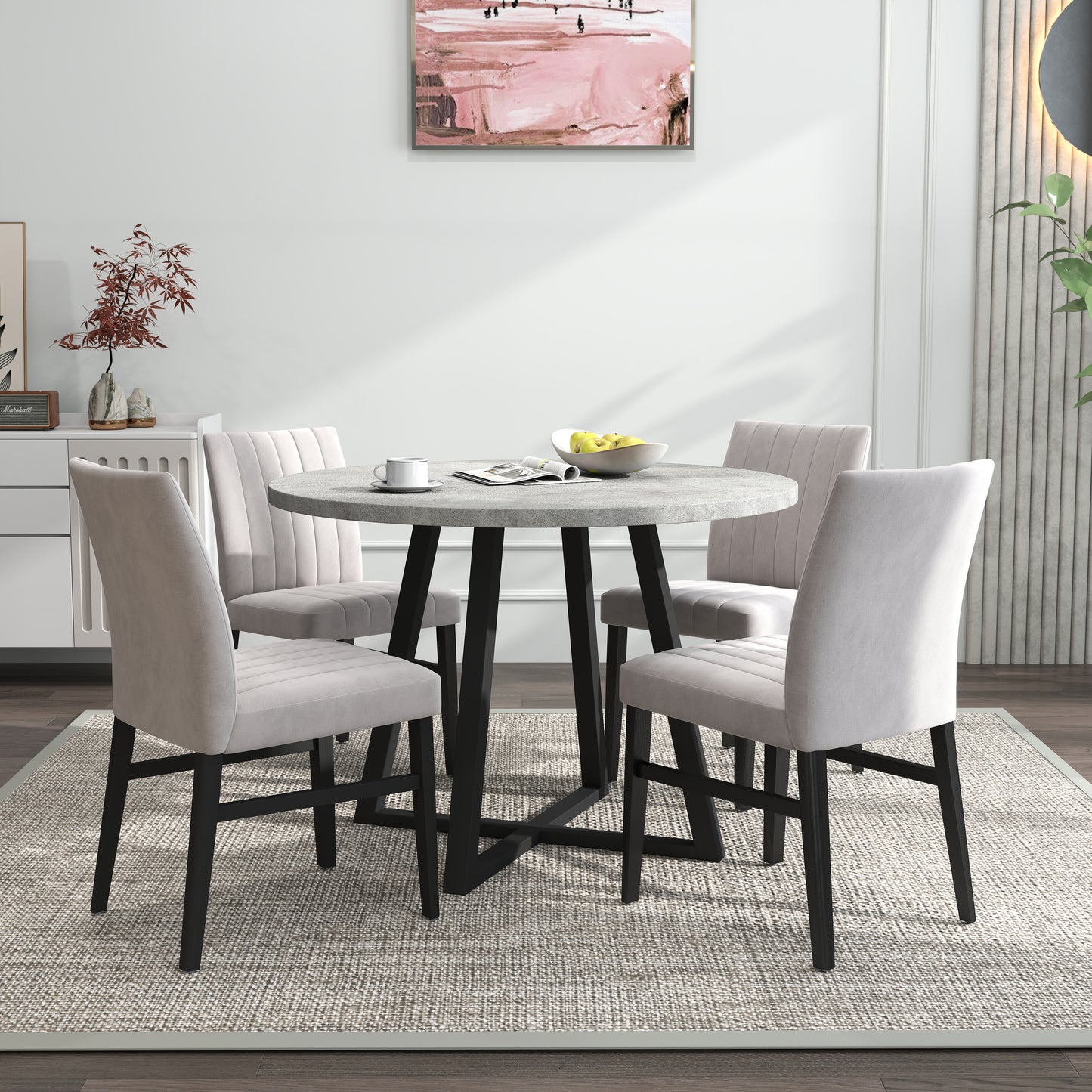 Roundhill Furniture Edo 5-Piece Dining Set, Round Trestle Table and 4 Upholstered Chairs