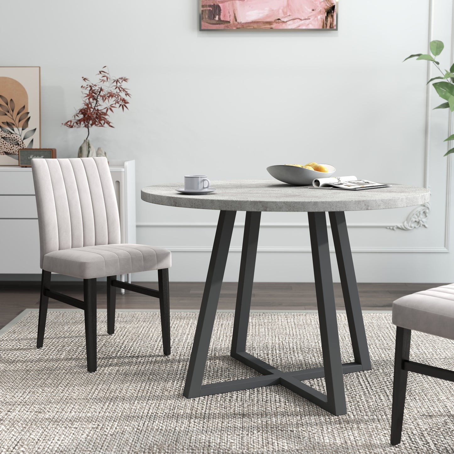Roundhill Furniture Edo 5-Piece Dining Set, Round Trestle Table and 4 Upholstered Chairs