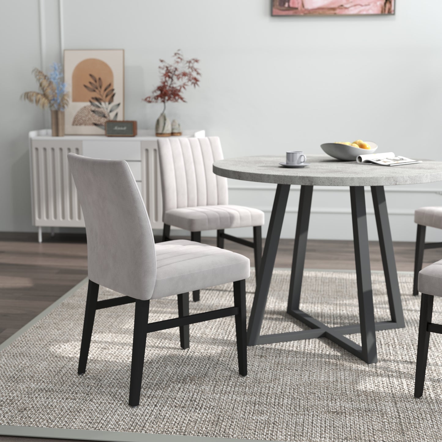 Roundhill Furniture Edo 5-Piece Dining Set, Round Trestle Table and 4 Upholstered Chairs