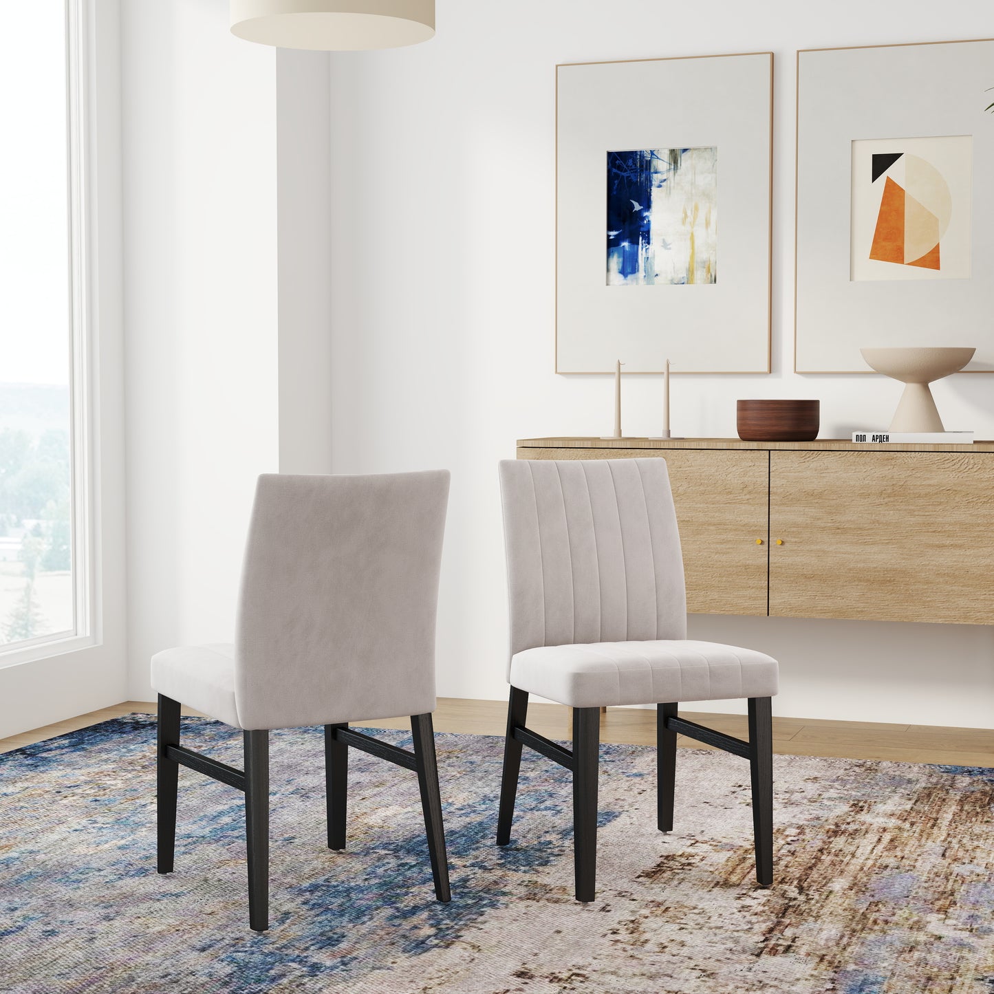 Roundhill Furniture Edo 5-Piece Dining Set, Round Trestle Table and 4 Upholstered Chairs