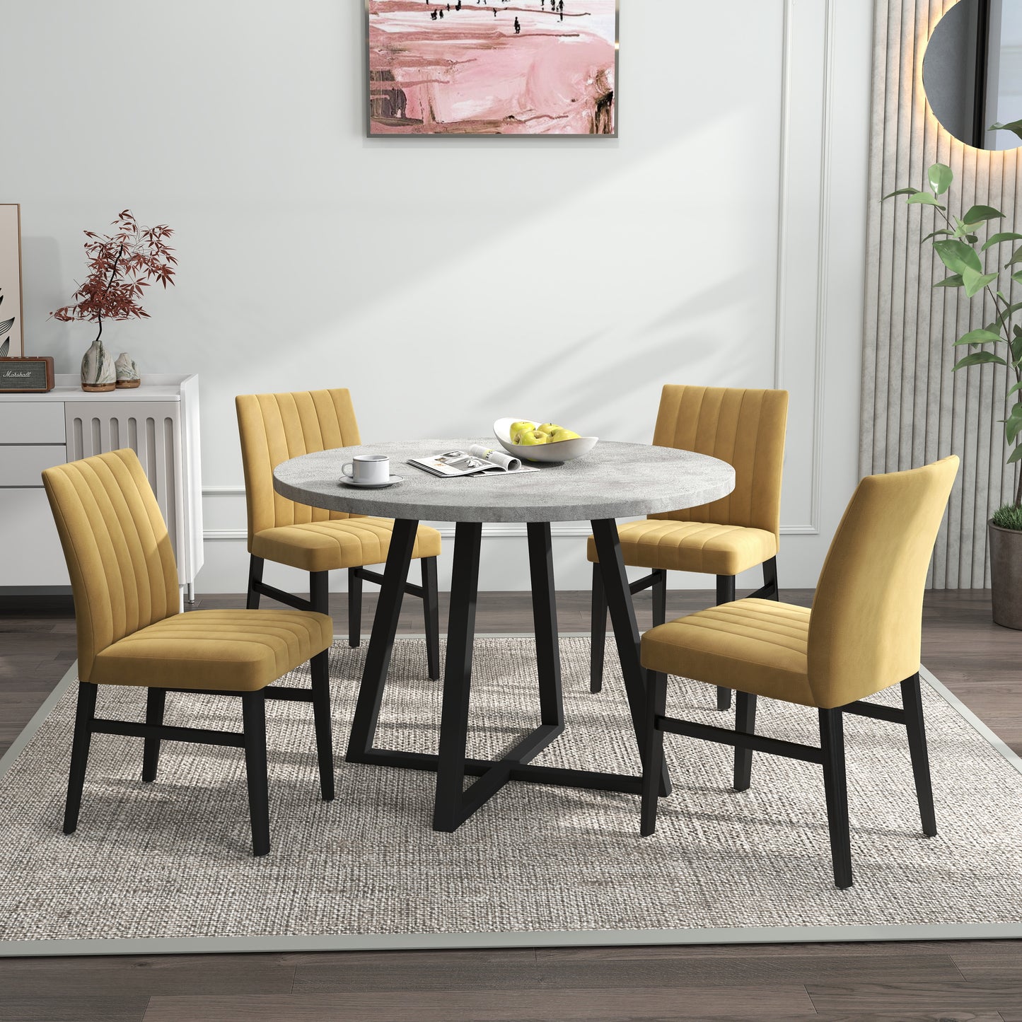 Roundhill Furniture Edo 5-Piece Dining Set, Round Trestle Table and 4 Upholstered Chairs