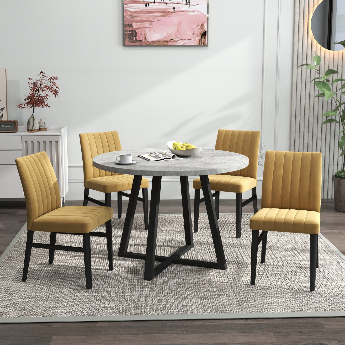 Roundhill Furniture Edo 5-Piece Dining Set, Round Trestle Table and 4 Upholstered Chairs