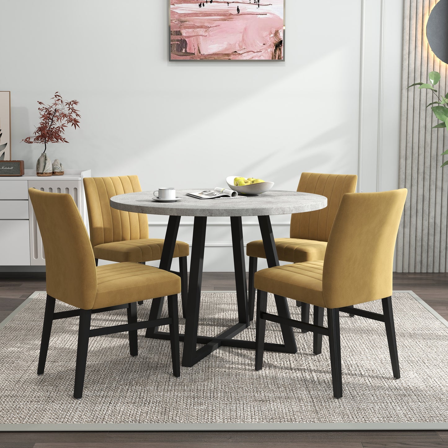 Roundhill Furniture Edo 5-Piece Dining Set, Round Trestle Table and 4 Upholstered Chairs