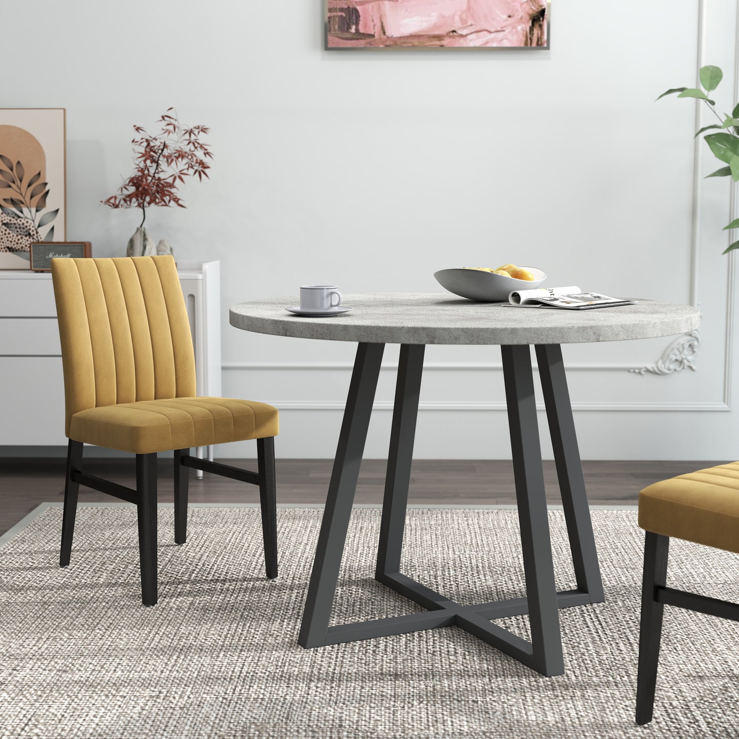 Roundhill Furniture Edo 5-Piece Dining Set, Round Trestle Table and 4 Upholstered Chairs