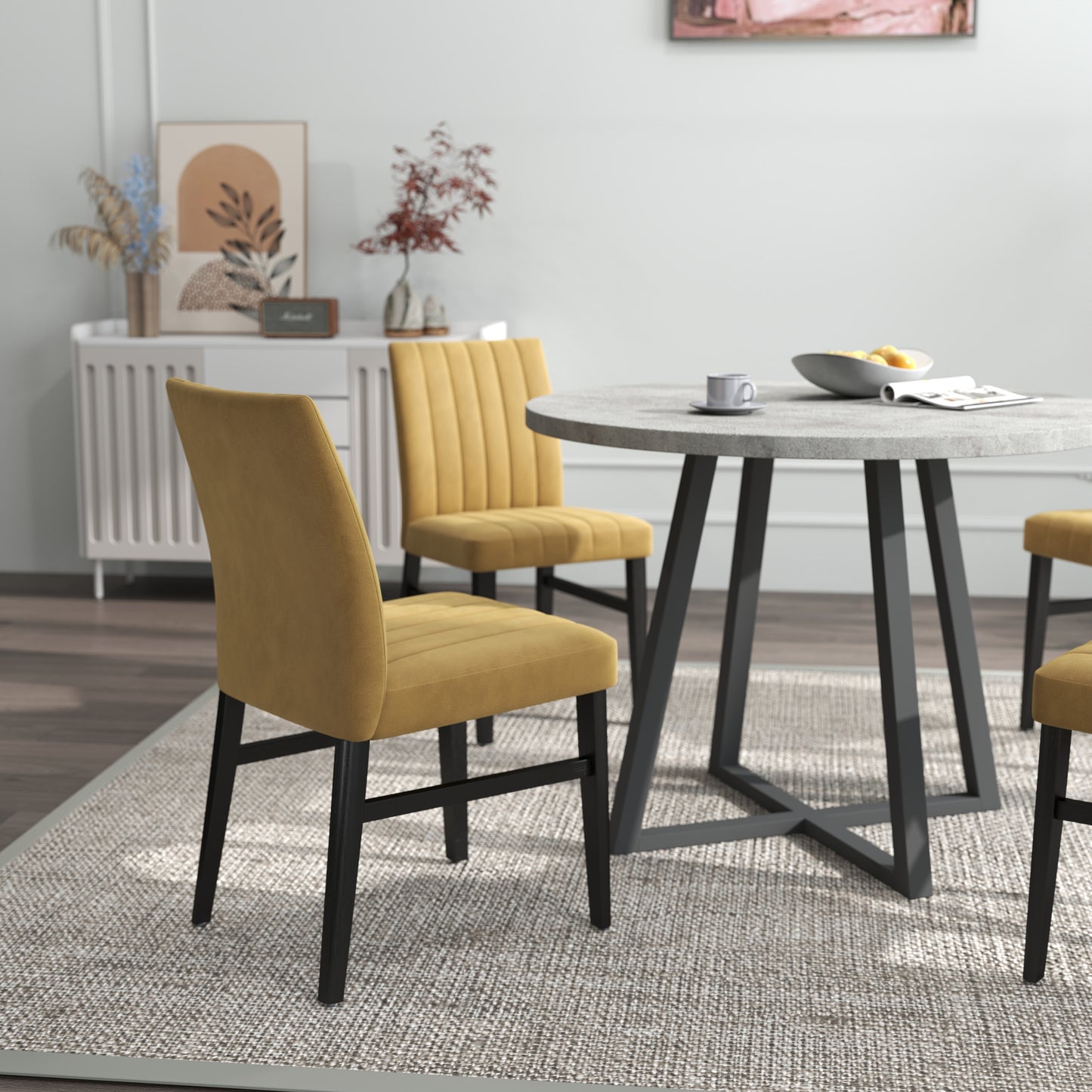 Roundhill Furniture Edo 5-Piece Dining Set, Round Trestle Table and 4 Upholstered Chairs