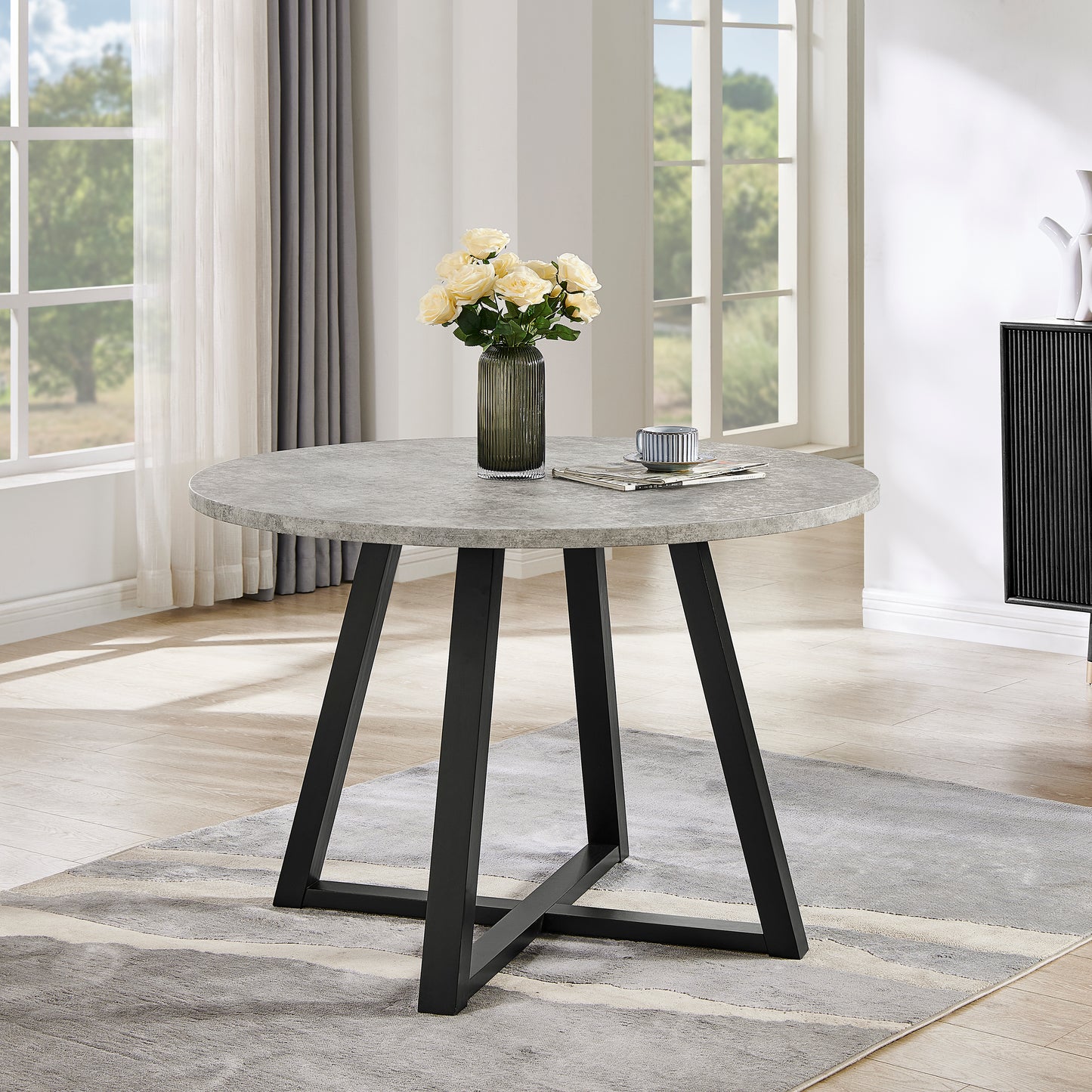 Roundhill Furniture Edo 5-Piece Dining Set, Round Trestle Table and 4 Upholstered Chairs