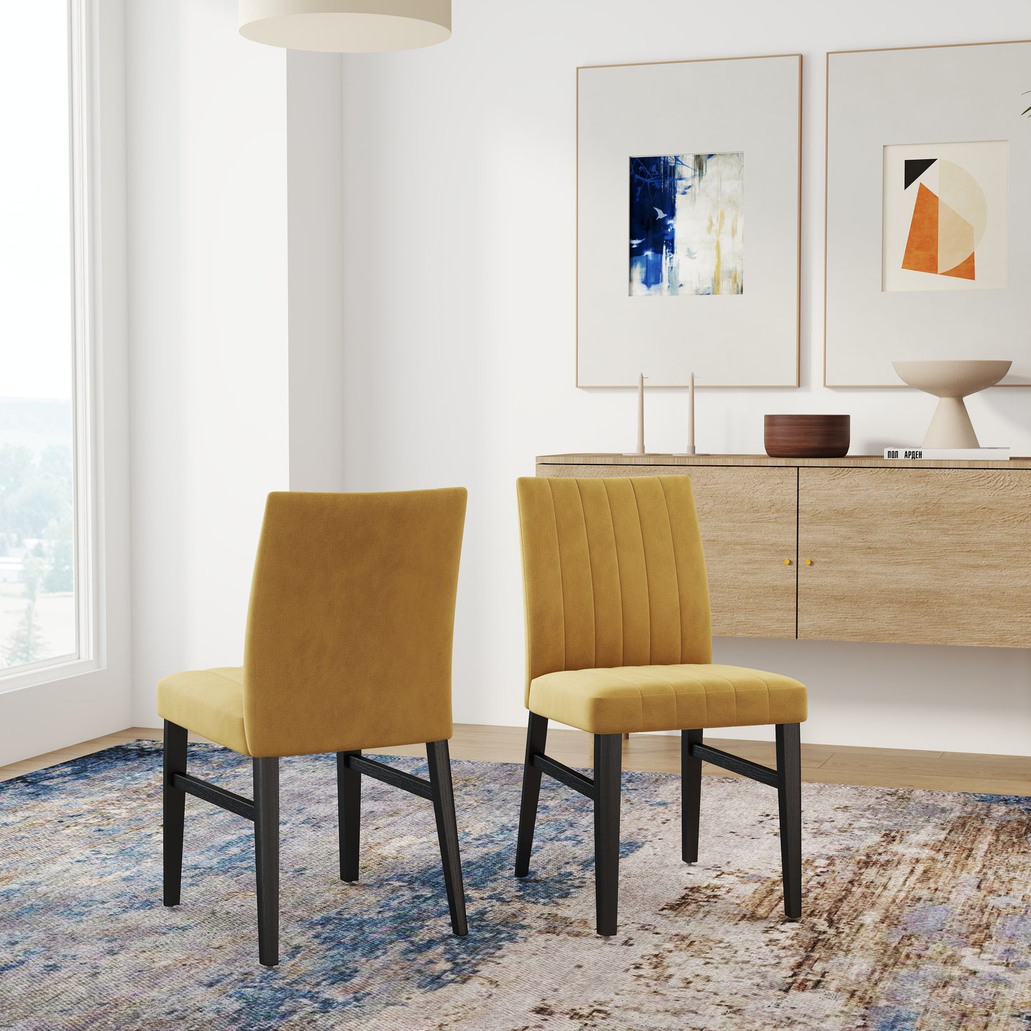 Roundhill Furniture Edo 5-Piece Dining Set, Round Trestle Table and 4 Upholstered Chairs