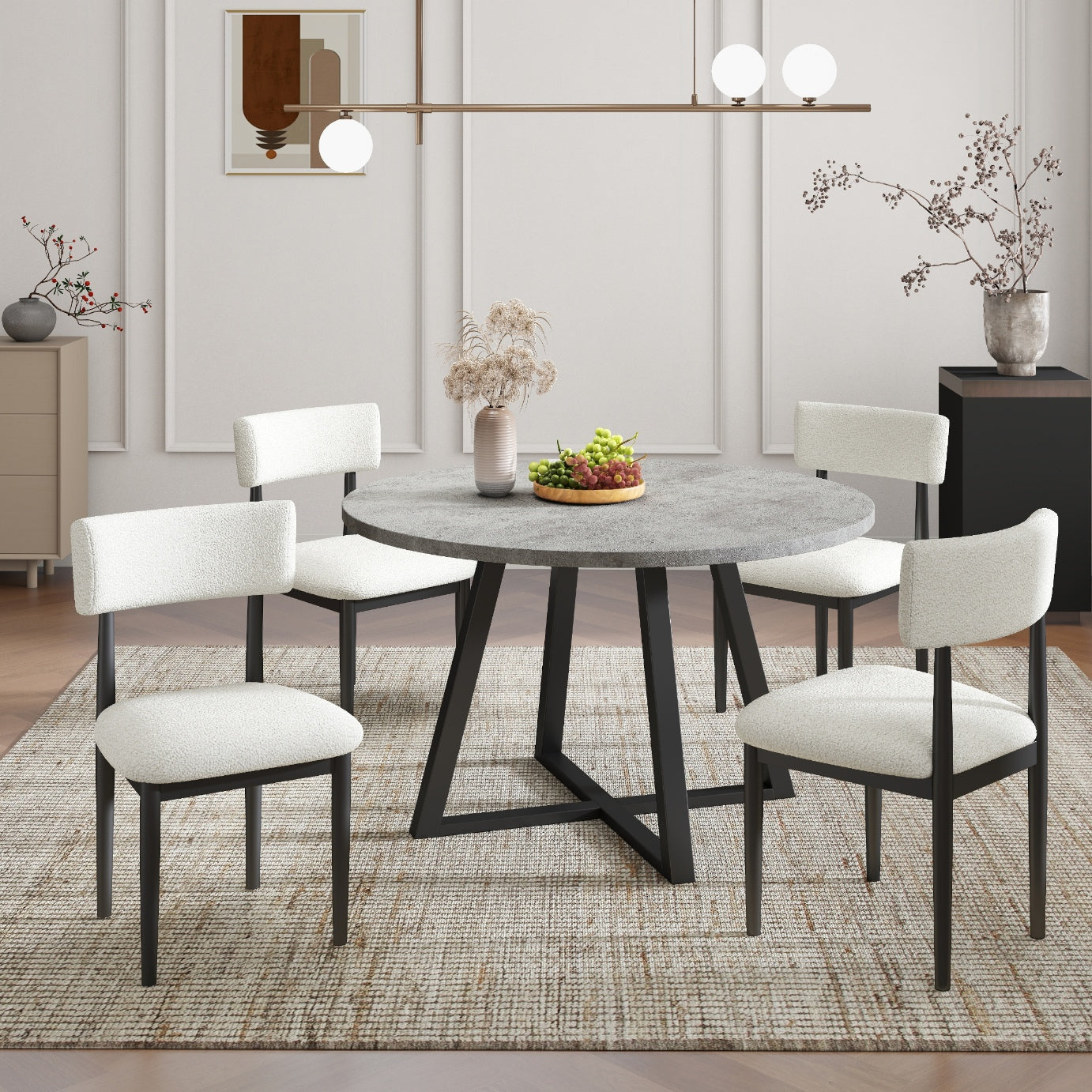 Roundhill Furniture Edo 5-Piece Dining Set, Round Trestle Table and 4 Upholstered Chairs