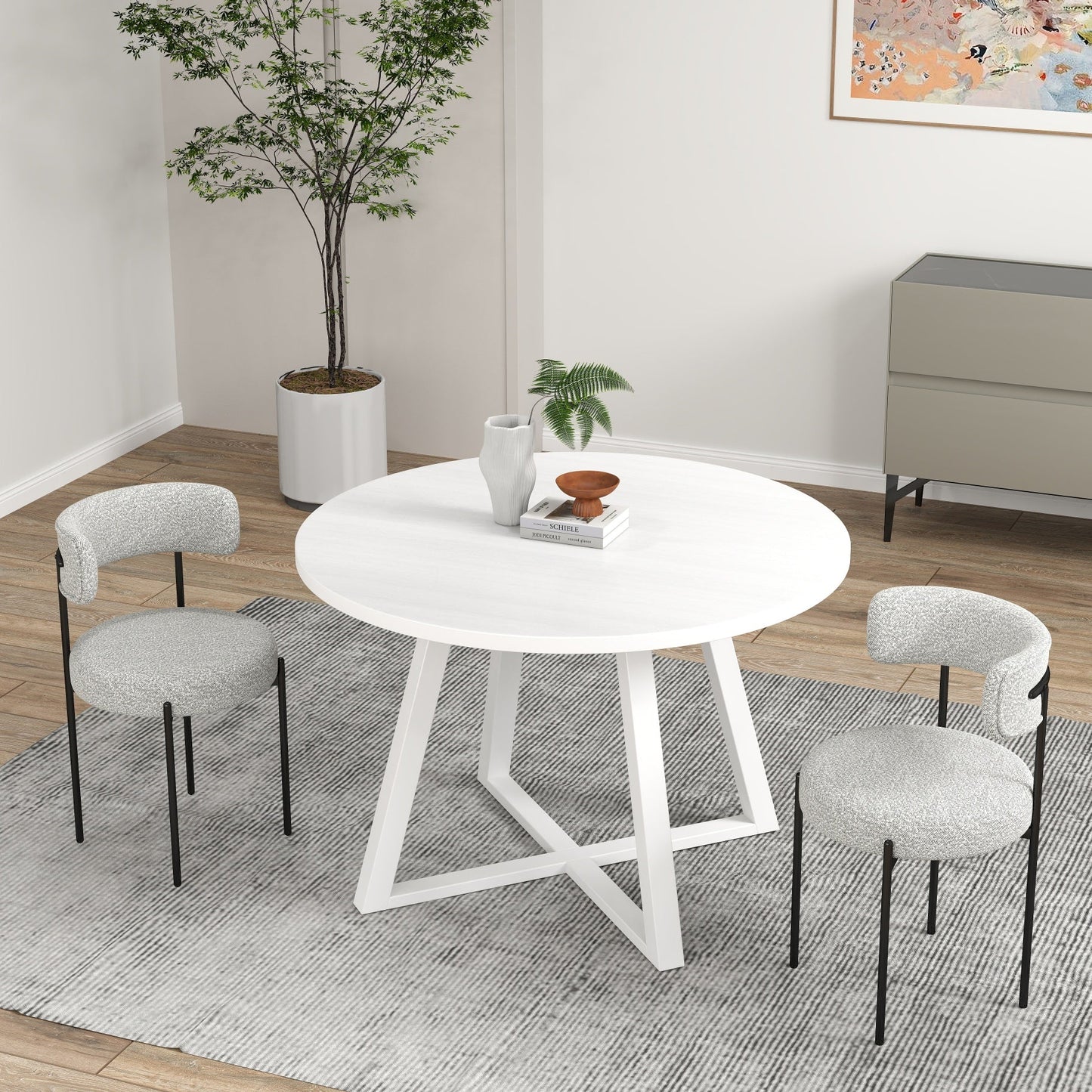 Roundhill Furniture Durban 3-Piece Round Dining Set, Wood Dining Table with 2 Boucle Chairs