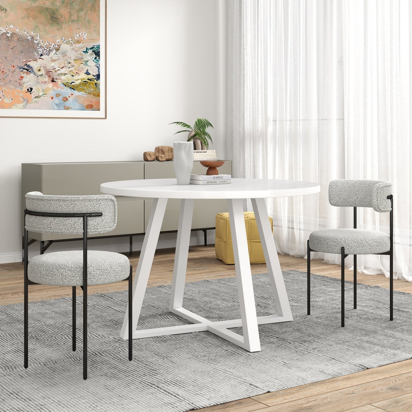 Roundhill Furniture Durban 3-Piece Round Dining Set, Wood Dining Table with 2 Boucle Chairs