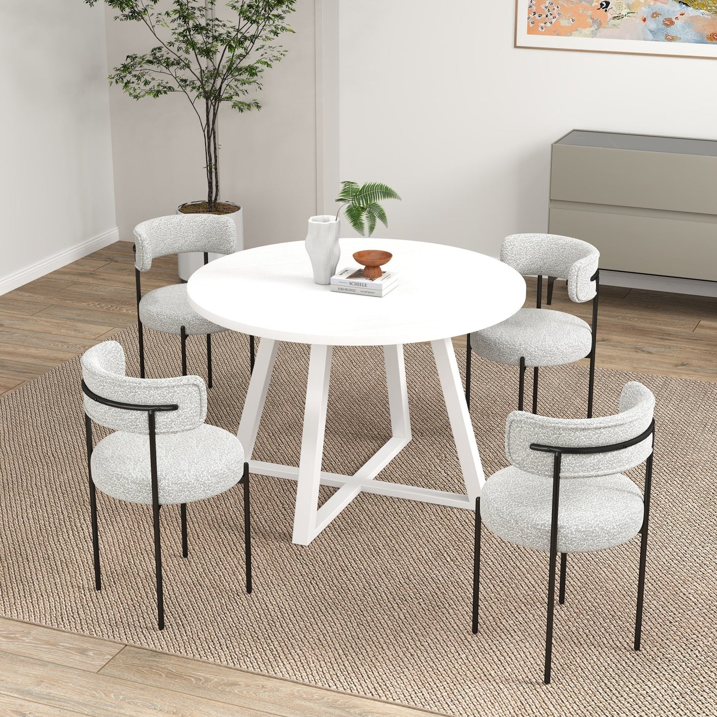 Roundhill Furniture Durban 5-Piece Round Dining Set, Wood Dining Table with 4 Boucle Chairs