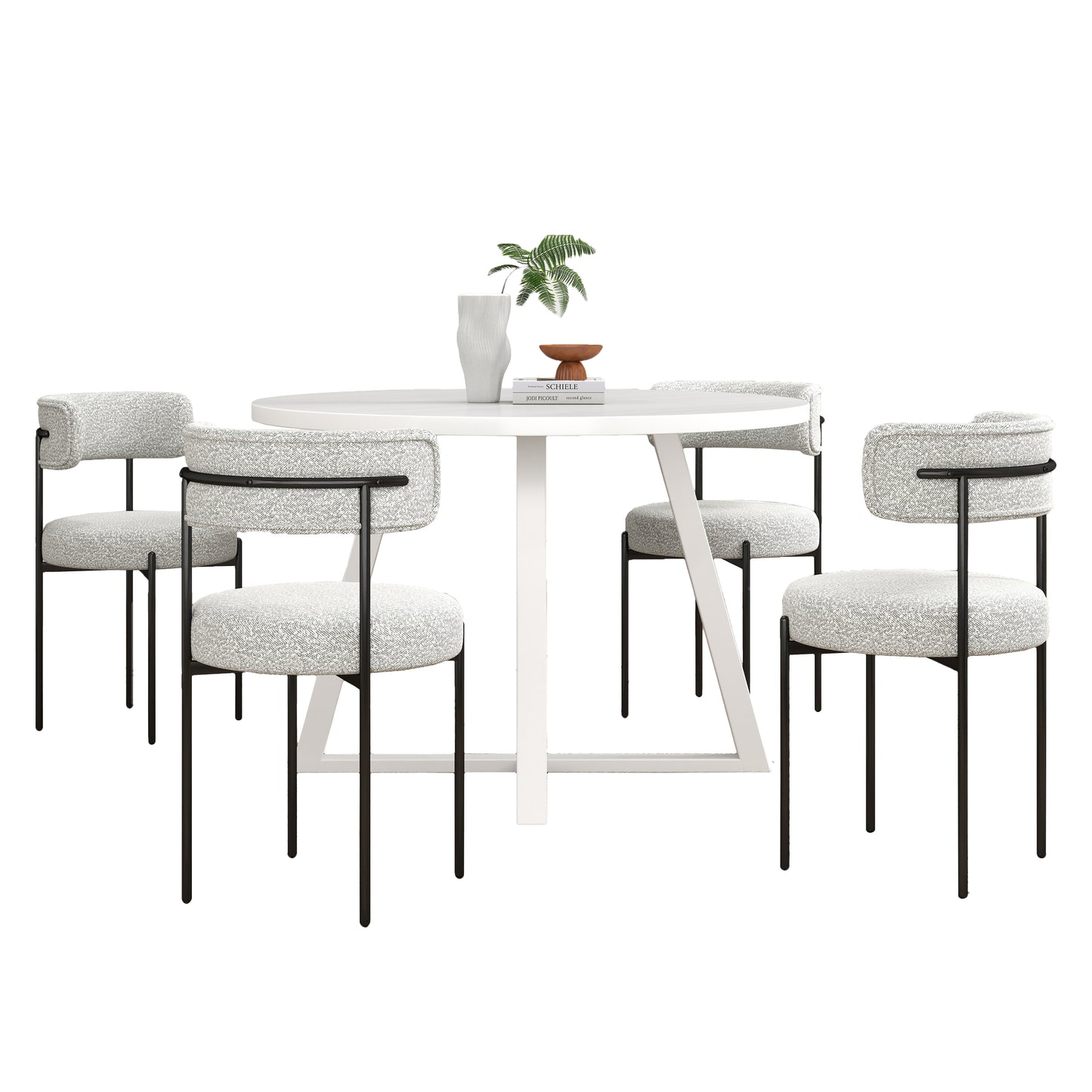 Durban 5-Piece Round Dining Set, Trestle Dining Table with 4 Boucle Chairs
