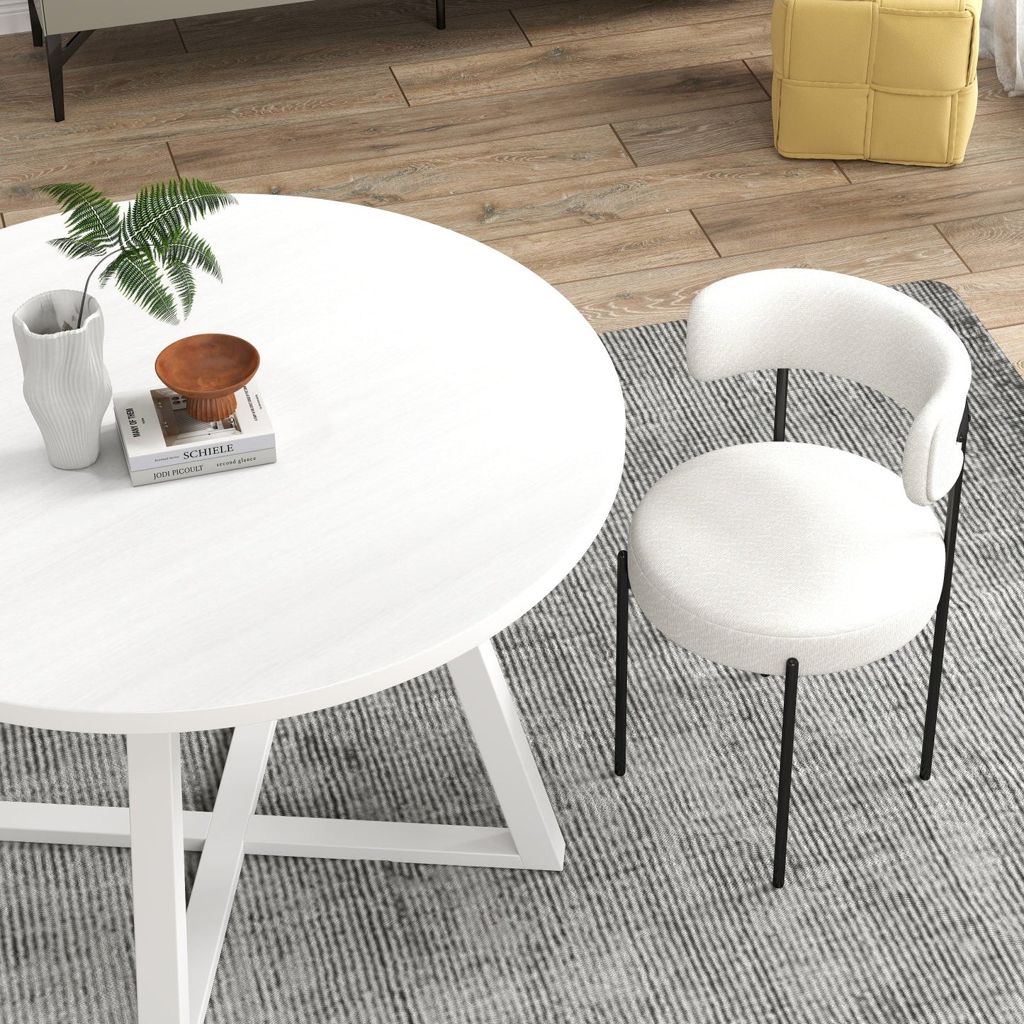 Roundhill Furniture Durban 3-Piece Round Dining Set, Wood Dining Table with 2 Boucle Chairs