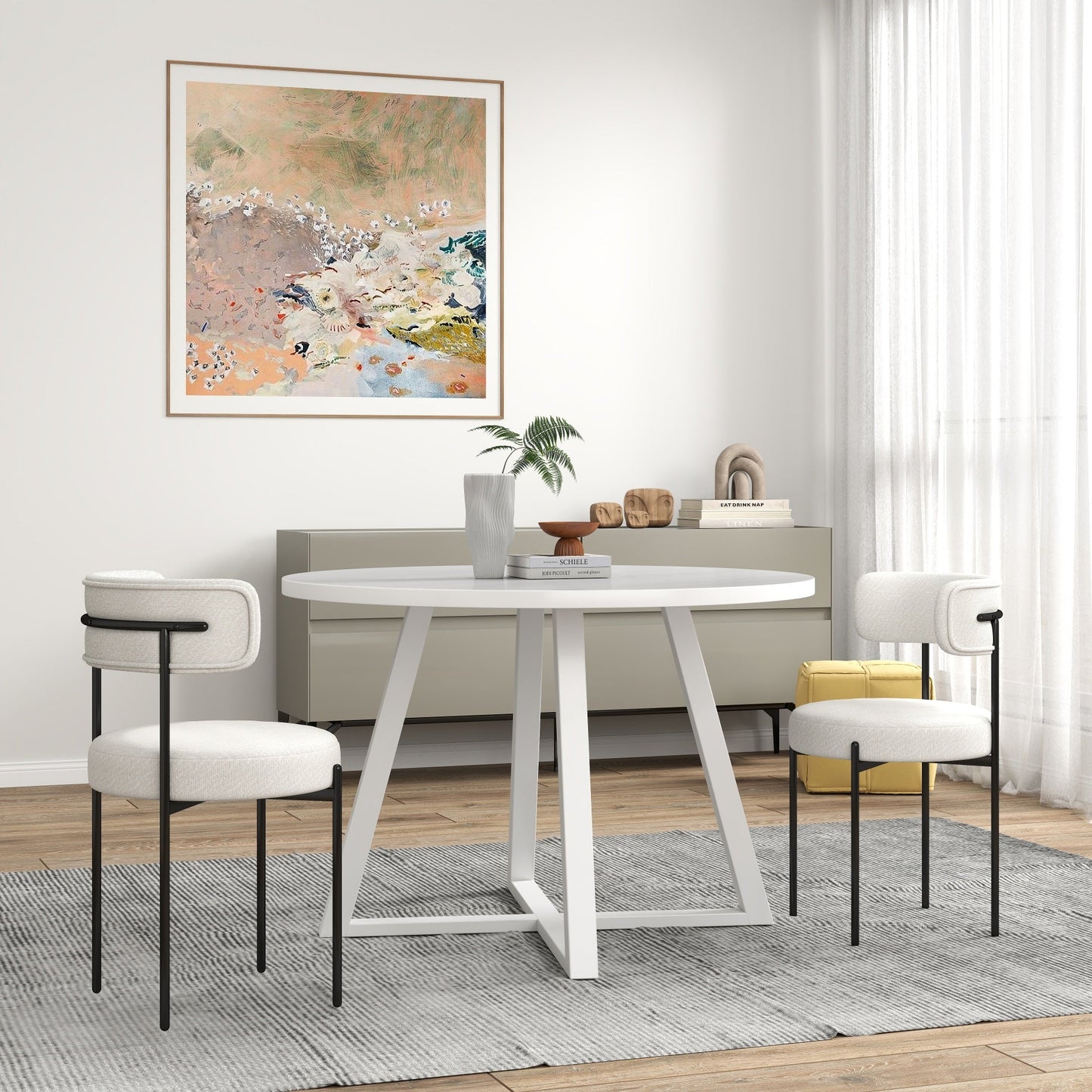 Durban 3-Piece Round Dining Set, Trestle Dining Table with 2 Boucle Chairs