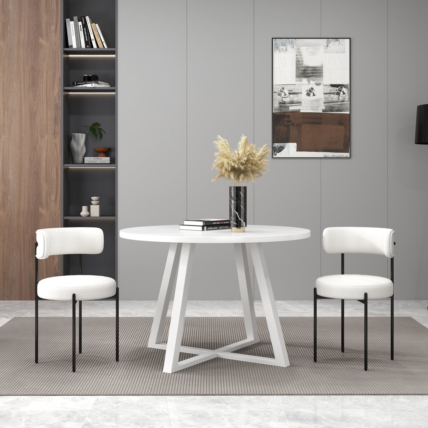 Roundhill Furniture Durban 3-Piece Round Dining Set, Wood Dining Table with 2 Boucle Chairs