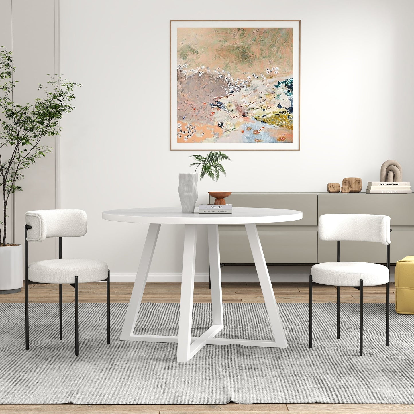 Durban 3-Piece Round Dining Set, Trestle Dining Table with 2 Boucle Chairs